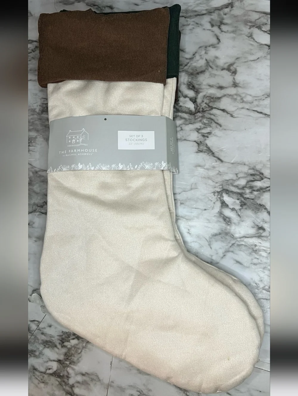 NWT Farmhouse Set of 3 22” Christmas Stockings cream brown green red wine